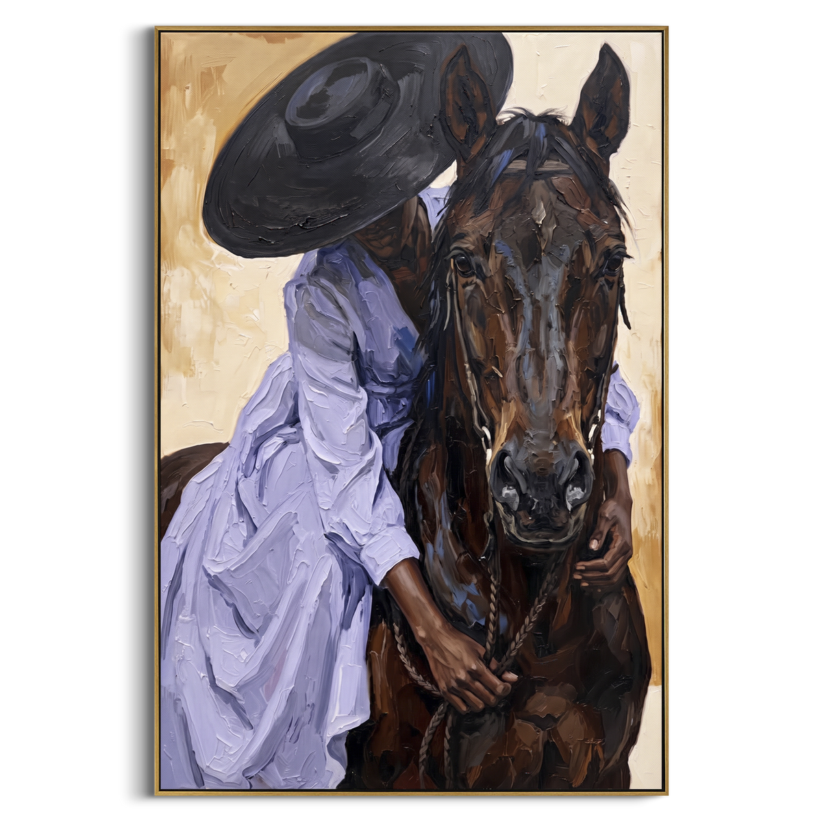 Purple Dress Horse Closeup focuses on purple dress horse closeup with pale blue dress, broad black hat, brown horse body, reins, shadows, and cream studio ground. The composition is built from the exact pose, clothing shape, accessories, furniture, animal form, shoreline, palm shape, surfboard, or table arrangement visible in this artwork, so the image reads as a specific modern figurative painting rather than a generic decorative abstract. The blue; brown; cream palette gives the piece its main
