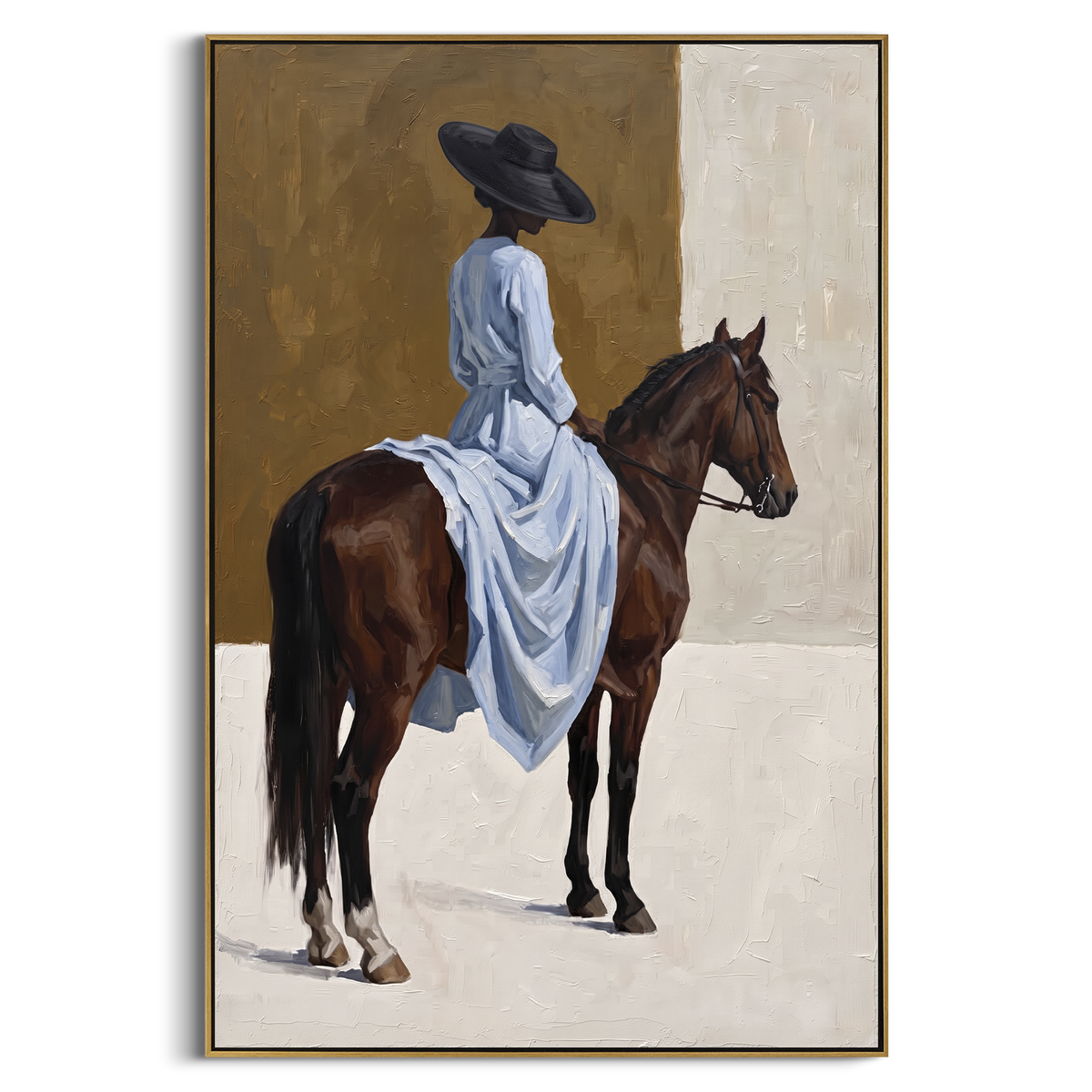 Blue Dress Rear Horse Wall focuses on blue dress rear horse wall with pale blue dress, broad black hat, brown horse body, reins, shadows, and cream studio ground. The composition is built from the exact pose, clothing shape, accessories, furniture, animal form, shoreline, palm shape, surfboard, or table arrangement visible in this artwork, so the image reads as a specific modern figurative painting rather than a generic decorative abstract. The blue; brown; cream palette gives the piece its main