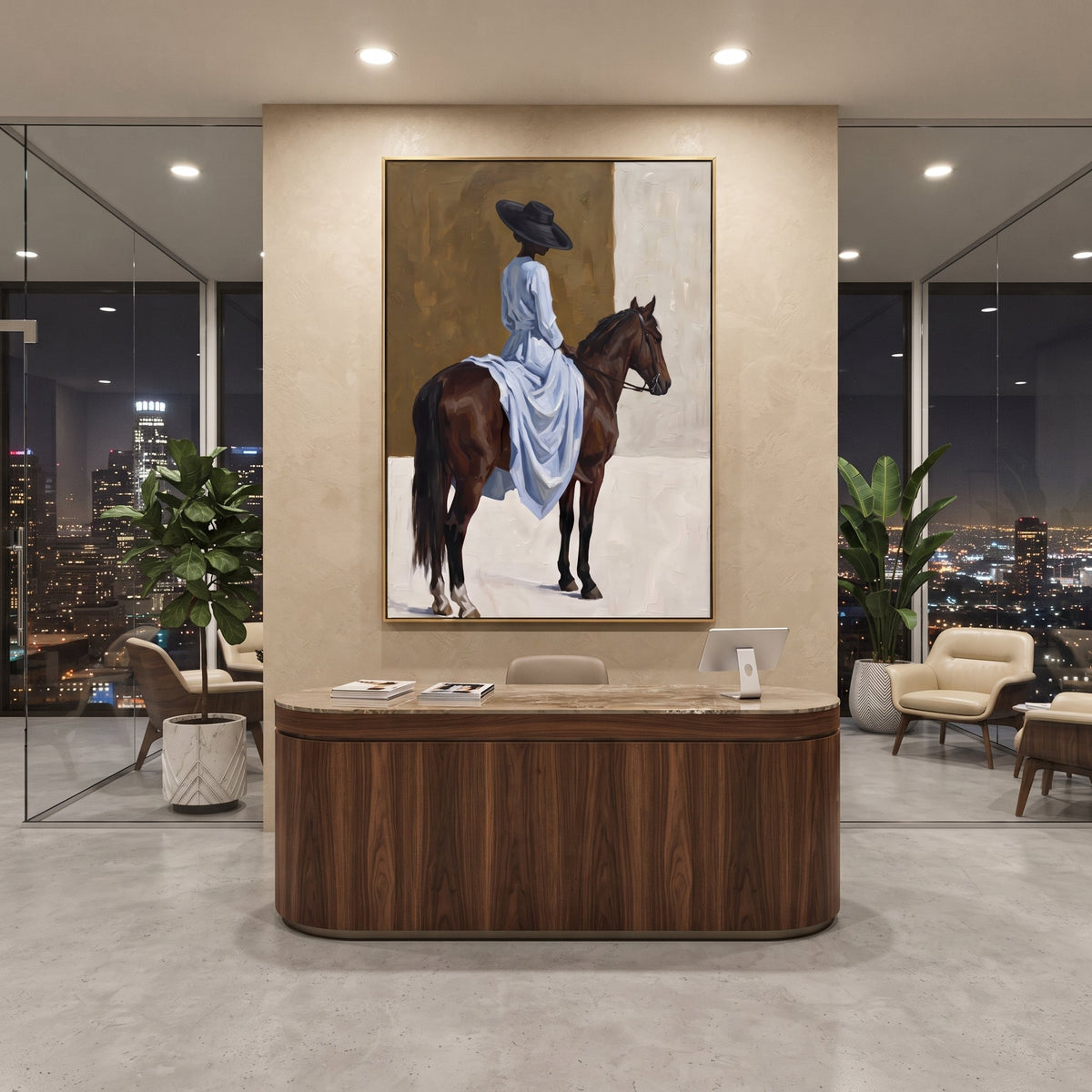 Blue Dress Rear Horse Wall focuses on blue dress rear horse wall with pale blue dress, broad black hat, brown horse body, reins, shadows, and cream studio ground. The composition is built from the exact pose, clothing shape, accessories, furniture, animal form, shoreline, palm shape, surfboard, or table arrangement visible in this artwork, so the image reads as a specific modern figurative painting rather than a generic decorative abstract. The blue; brown; cream palette gives the piece its main