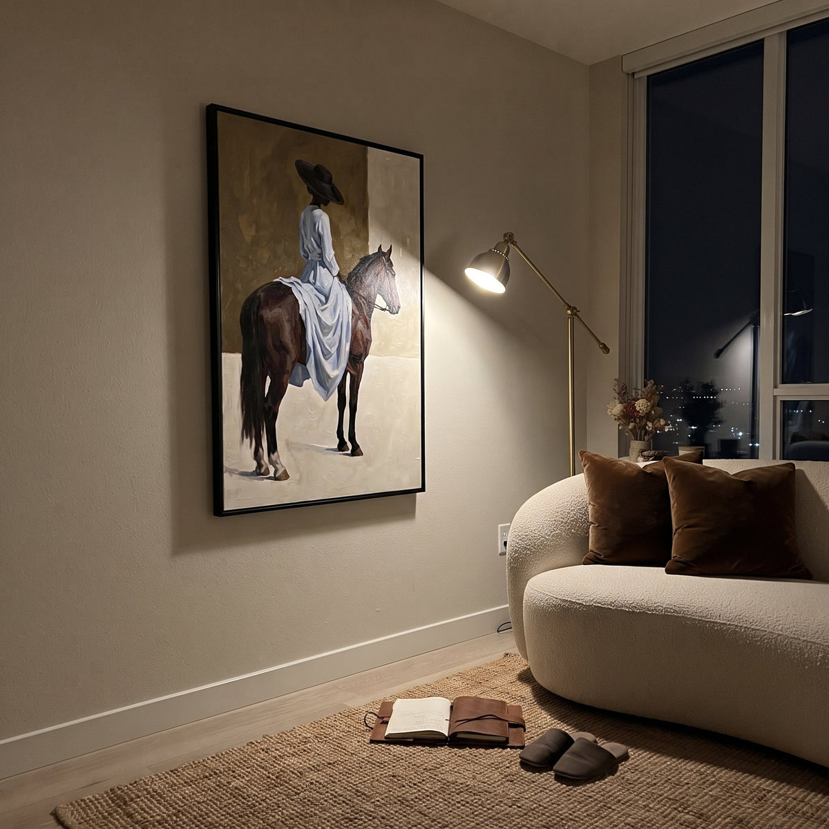Blue Dress Rear Horse Wall focuses on blue dress rear horse wall with pale blue dress, broad black hat, brown horse body, reins, shadows, and cream studio ground. The composition is built from the exact pose, clothing shape, accessories, furniture, animal form, shoreline, palm shape, surfboard, or table arrangement visible in this artwork, so the image reads as a specific modern figurative painting rather than a generic decorative abstract. The blue; brown; cream palette gives the piece its main