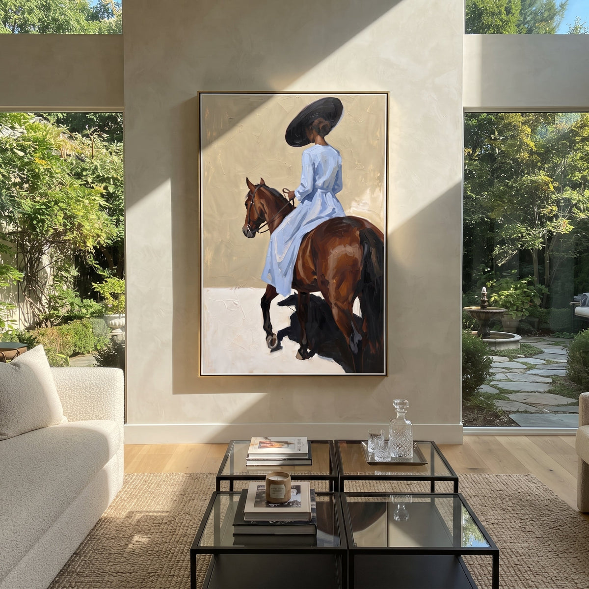 Blue Rider Horse Turn focuses on blue rider horse turn with pale blue dress, broad black hat, brown horse body, reins, shadows, and cream studio ground. The composition is built from the exact pose, clothing shape, accessories, furniture, animal form, shoreline, palm shape, surfboard, or table arrangement visible in this artwork, so the image reads as a specific modern figurative painting rather than a generic decorative abstract. The blue; brown; cream palette gives the piece its main
