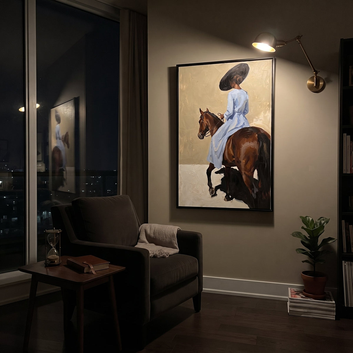Blue Rider Horse Turn focuses on blue rider horse turn with pale blue dress, broad black hat, brown horse body, reins, shadows, and cream studio ground. The composition is built from the exact pose, clothing shape, accessories, furniture, animal form, shoreline, palm shape, surfboard, or table arrangement visible in this artwork, so the image reads as a specific modern figurative painting rather than a generic decorative abstract. The blue; brown; cream palette gives the piece its main