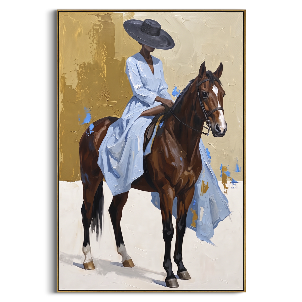 Cowgirl Card Table Faceoff focuses on cowgirl card table faceoff with two western figures, wide hats, black table or bar surface, martini glasses, floating playing cards, and dark olive saloon ground. The composition is built from the exact pose, clothing shape, accessories, furniture, animal form, shoreline, palm shape, surfboard, or table arrangement visible in this artwork, so the image reads as a specific modern figurative painting rather than a generic decorative abstract. The green; pink