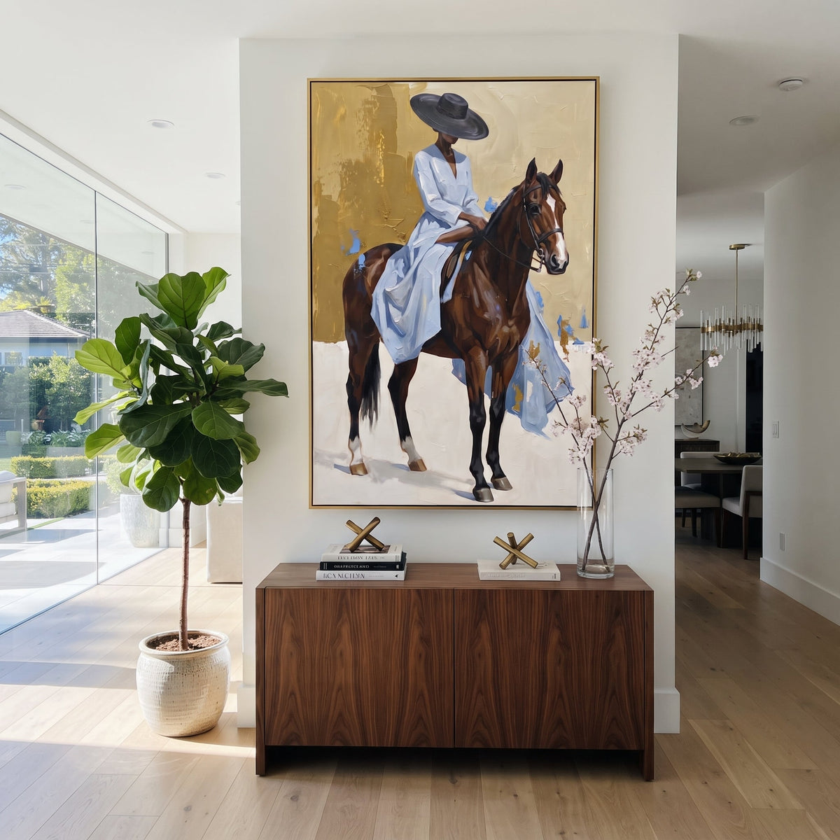 Cowgirl Card Table Faceoff focuses on cowgirl card table faceoff with two western figures, wide hats, black table or bar surface, martini glasses, floating playing cards, and dark olive saloon ground. The composition is built from the exact pose, clothing shape, accessories, furniture, animal form, shoreline, palm shape, surfboard, or table arrangement visible in this artwork, so the image reads as a specific modern figurative painting rather than a generic decorative abstract. The green; pink