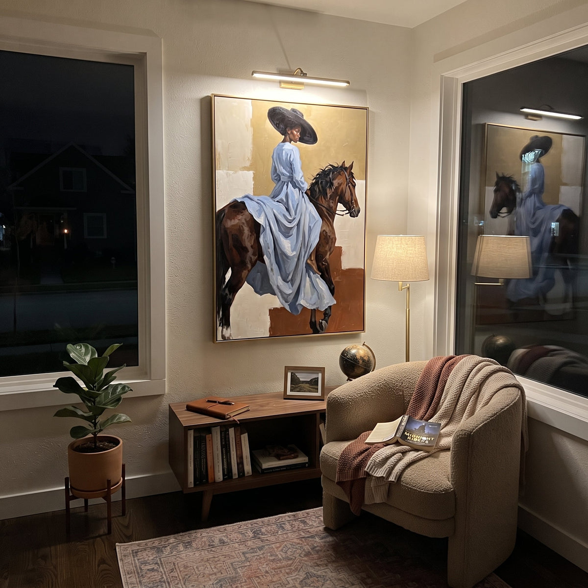 Dark Bar Martini Duel focuses on dark bar martini duel with two western figures, wide hats, black table or bar surface, martini glasses, floating playing cards, and dark olive saloon ground. The composition is built from the exact pose, clothing shape, accessories, furniture, animal form, shoreline, palm shape, surfboard, or table arrangement visible in this artwork, so the image reads as a specific modern figurative painting rather than a generic decorative abstract. The green; pink; black