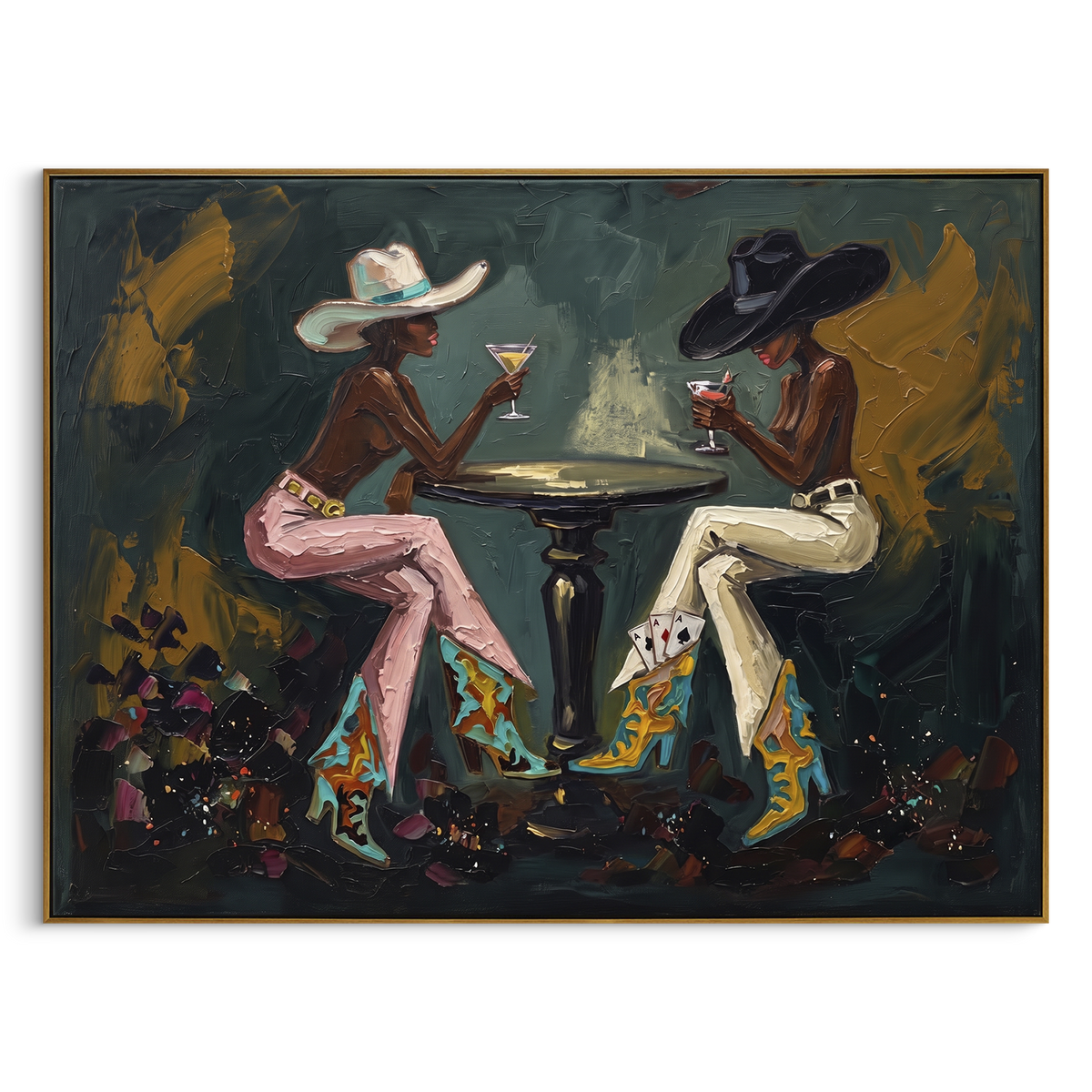 Wide Bar Card Duel focuses on wide bar card duel with two western figures, wide hats, black table or bar surface, martini glasses, floating playing cards, and dark olive saloon ground. The composition is built from the exact pose, clothing shape, accessories, furniture, animal form, shoreline, palm shape, surfboard, or table arrangement visible in this artwork, so the image reads as a specific modern figurative painting rather than a generic decorative abstract. The green; pink; black palette