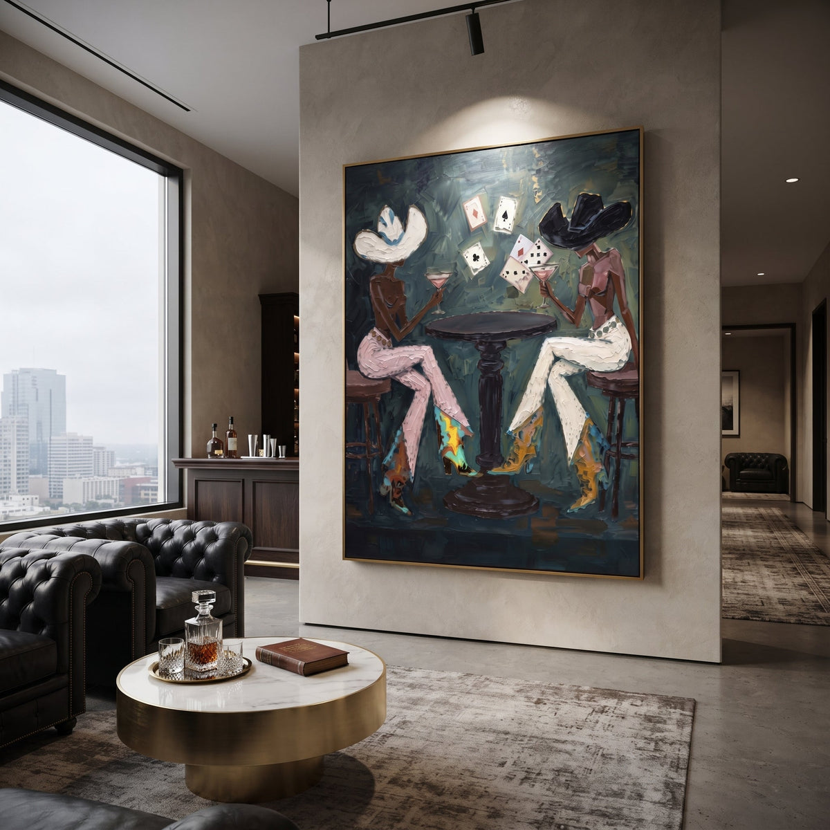 Three Player Dark Poker Table focuses on three player dark poker table with two western figures, wide hats, black table or bar surface, martini glasses, floating playing cards, and dark olive saloon ground. The composition is built from the exact pose, clothing shape, accessories, furniture, animal form, shoreline, palm shape, surfboard, or table arrangement visible in this artwork, so the image reads as a specific modern figurative painting rather than a generic decorative abstract. The green