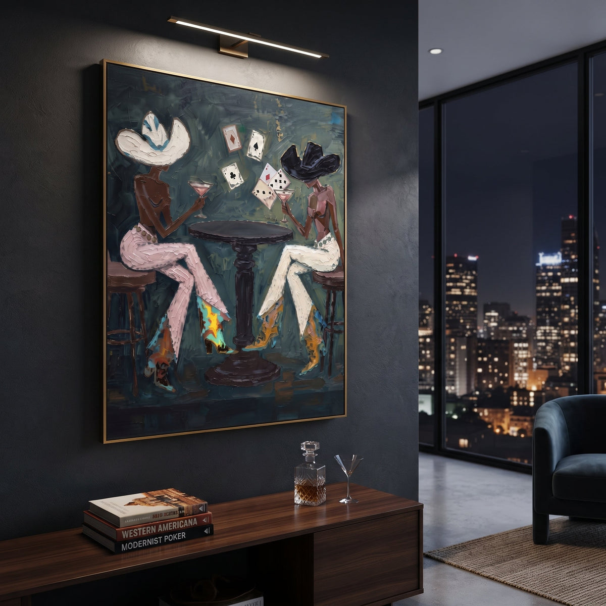 Three Player Dark Poker Table focuses on three player dark poker table with two western figures, wide hats, black table or bar surface, martini glasses, floating playing cards, and dark olive saloon ground. The composition is built from the exact pose, clothing shape, accessories, furniture, animal form, shoreline, palm shape, surfboard, or table arrangement visible in this artwork, so the image reads as a specific modern figurative painting rather than a generic decorative abstract. The green