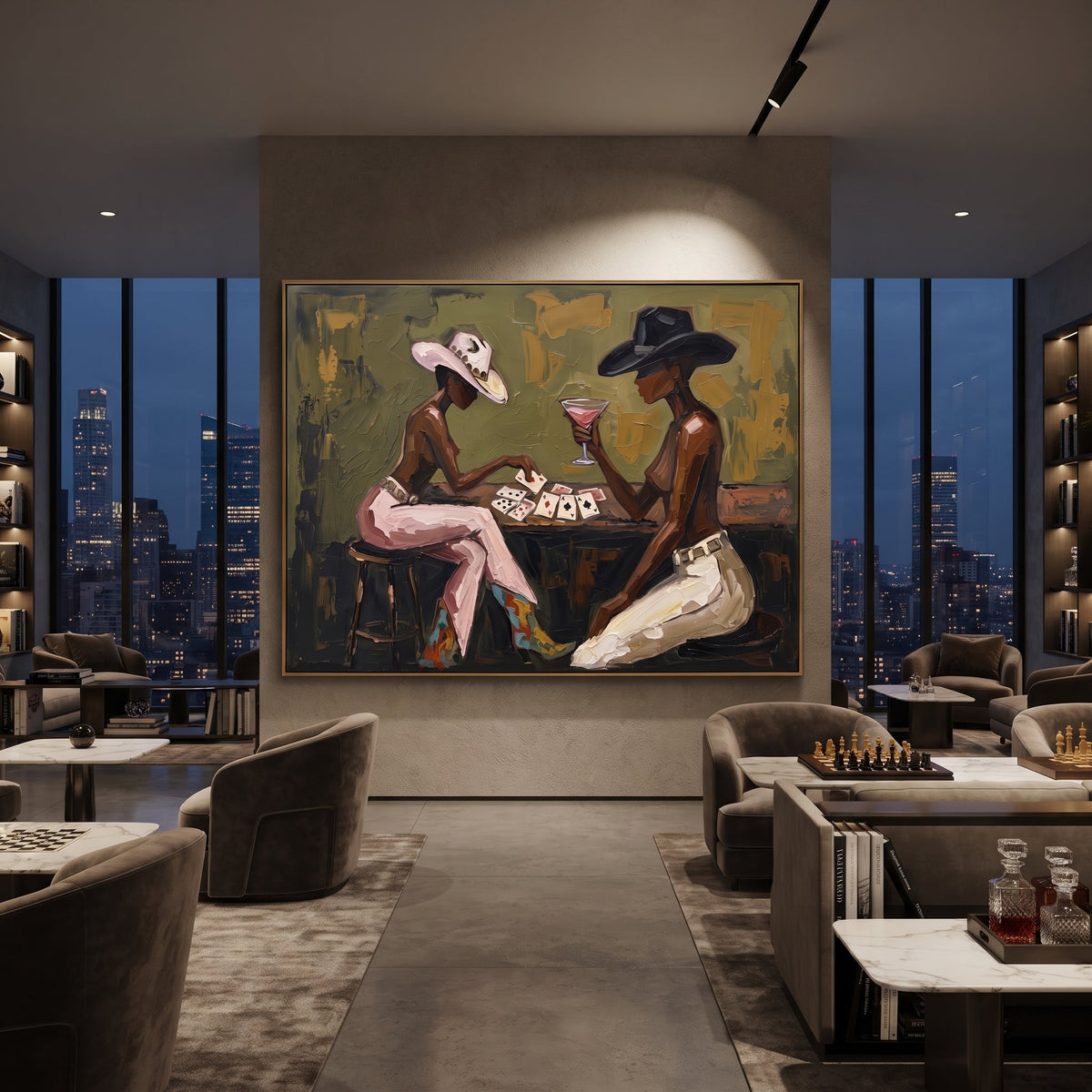 Cowgirl Poker Close Table focuses on cowgirl poker close table with two western figures, wide hats, black table or bar surface, martini glasses, floating playing cards, and dark olive saloon ground. The composition is built from the exact pose, clothing shape, accessories, furniture, animal form, shoreline, palm shape, surfboard, or table arrangement visible in this artwork, so the image reads as a specific modern figurative painting rather than a generic decorative abstract. The green; pink