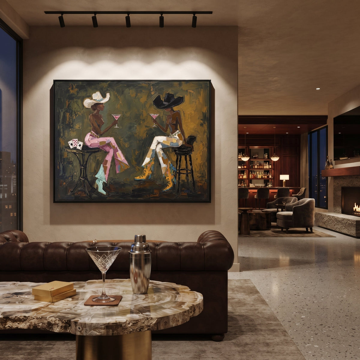 Olive Martini Card Conversation focuses on olive martini card conversation with two western figures, wide hats, black table or bar surface, martini glasses, floating playing cards, and dark olive saloon ground. The composition is built from the exact pose, clothing shape, accessories, furniture, animal form, shoreline, palm shape, surfboard, or table arrangement visible in this artwork, so the image reads as a specific modern figurative painting rather than a generic decorative abstract. The