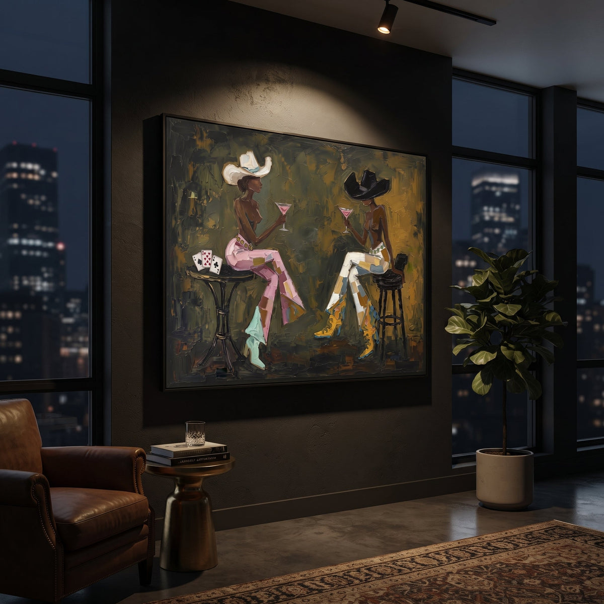 Olive Martini Card Conversation focuses on olive martini card conversation with two western figures, wide hats, black table or bar surface, martini glasses, floating playing cards, and dark olive saloon ground. The composition is built from the exact pose, clothing shape, accessories, furniture, animal form, shoreline, palm shape, surfboard, or table arrangement visible in this artwork, so the image reads as a specific modern figurative painting rather than a generic decorative abstract. The
