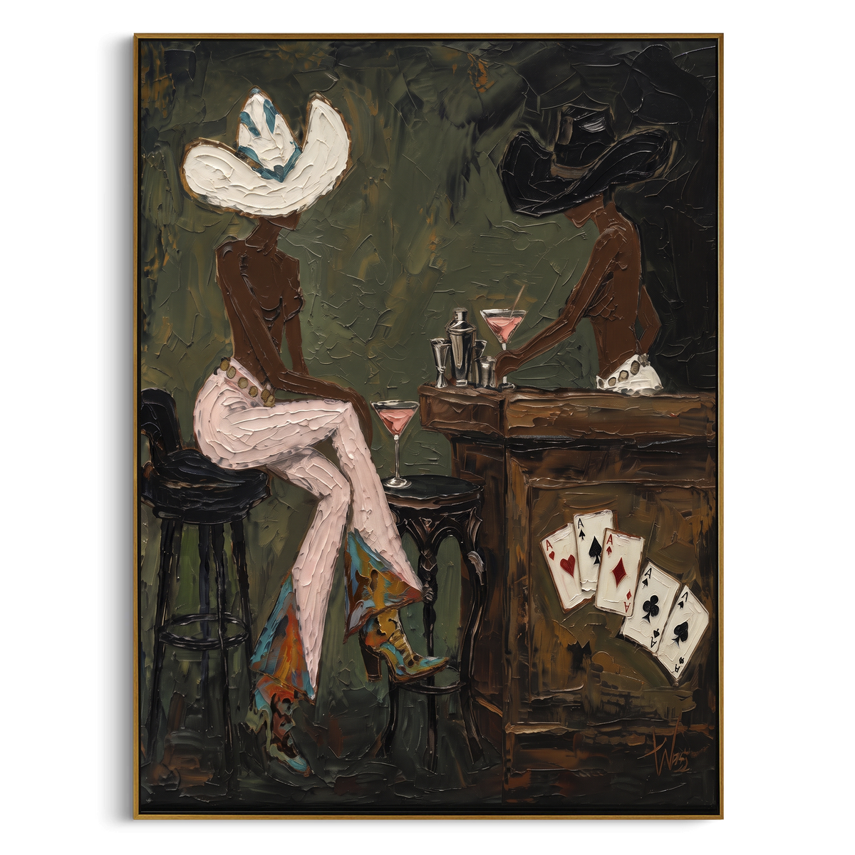 Tall Bar Table Cowgirls focuses on tall bar table cowgirls with two western figures, wide hats, black table or bar surface, martini glasses, floating playing cards, and dark olive saloon ground. The composition is built from the exact pose, clothing shape, accessories, furniture, animal form, shoreline, palm shape, surfboard, or table arrangement visible in this artwork, so the image reads as a specific modern figurative painting rather than a generic decorative abstract. The green; pink; black