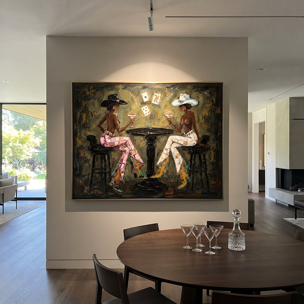 Close Surfboard Beach Pair focuses on close surfboard beach pair with white hats, surfboard forms, beach horizon, palm or checkered floor details. The composition is built from the exact pose, clothing shape, accessories, furniture, animal form, shoreline, palm shape, surfboard, or table arrangement visible in this artwork, so the image reads as a specific modern figurative painting rather than a generic decorative abstract. The blue; white; sand palette gives the piece its main atmosphere