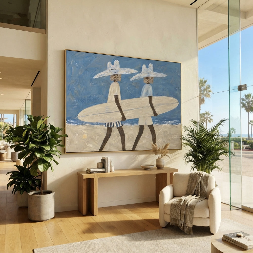 Two Surfers Sand Walk focuses on two surfers sand walk with white hats, surfboard forms, beach horizon, palm or checkered floor details. The composition is built from the exact pose, clothing shape, accessories, furniture, animal form, shoreline, palm shape, surfboard, or table arrangement visible in this artwork, so the image reads as a specific modern figurative painting rather than a generic decorative abstract. The blue; white; sand palette gives the piece its main atmosphere, while smaller