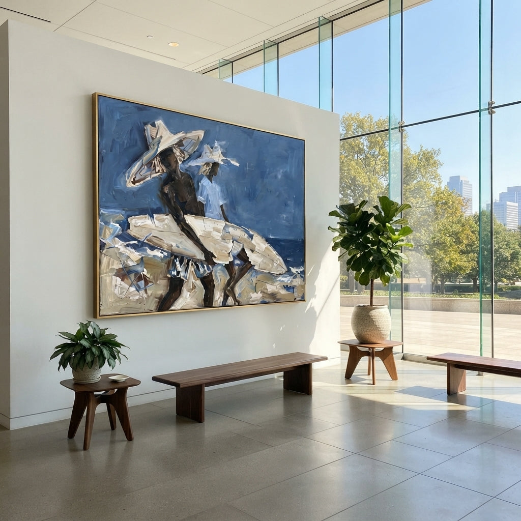 Blue Wave Surfboard Figures focuses on blue wave surfboard figures with white hats, surfboard forms, beach horizon, palm or checkered floor details. The composition is built from the exact pose, clothing shape, accessories, furniture, animal form, shoreline, palm shape, surfboard, or table arrangement visible in this artwork, so the image reads as a specific modern figurative painting rather than a generic decorative abstract. The blue; white; sand palette gives the piece its main atmosphere