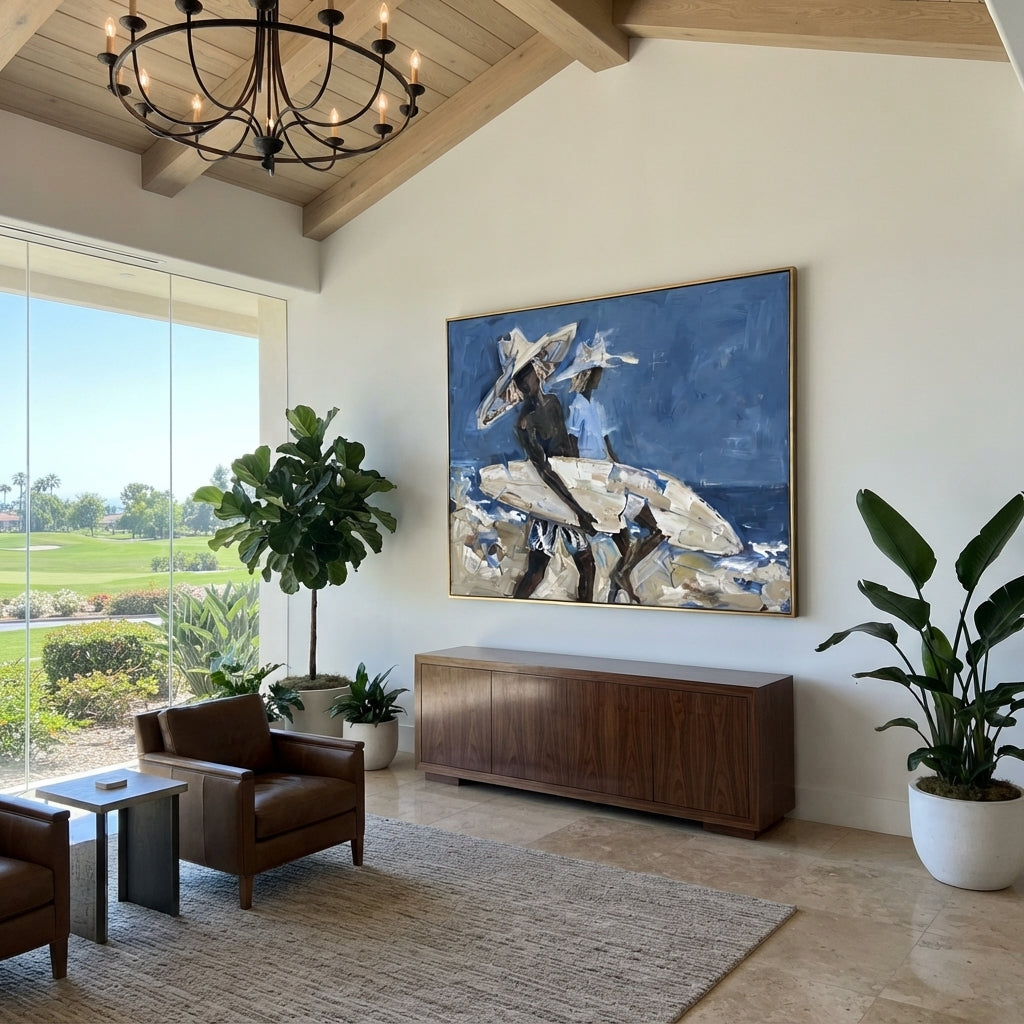 Blue Wave Surfboard Figures focuses on blue wave surfboard figures with white hats, surfboard forms, beach horizon, palm or checkered floor details. The composition is built from the exact pose, clothing shape, accessories, furniture, animal form, shoreline, palm shape, surfboard, or table arrangement visible in this artwork, so the image reads as a specific modern figurative painting rather than a generic decorative abstract. The blue; white; sand palette gives the piece its main atmosphere