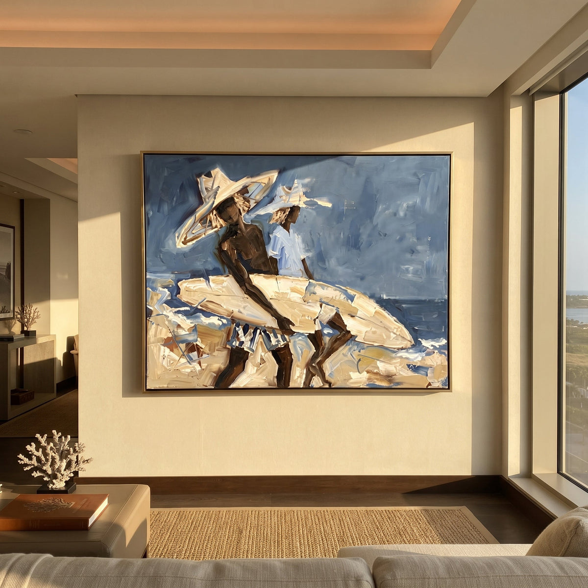 Blue Wave Surfboard Figures focuses on blue wave surfboard figures with white hats, surfboard forms, beach horizon, palm or checkered floor details. The composition is built from the exact pose, clothing shape, accessories, furniture, animal form, shoreline, palm shape, surfboard, or table arrangement visible in this artwork, so the image reads as a specific modern figurative painting rather than a generic decorative abstract. The blue; white; sand palette gives the piece its main atmosphere