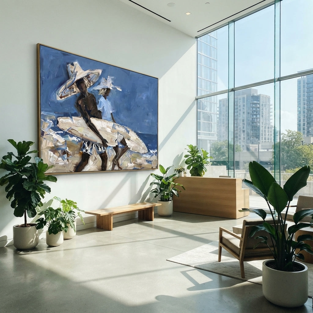 Blue Wave Surfboard Figures focuses on blue wave surfboard figures with white hats, surfboard forms, beach horizon, palm or checkered floor details. The composition is built from the exact pose, clothing shape, accessories, furniture, animal form, shoreline, palm shape, surfboard, or table arrangement visible in this artwork, so the image reads as a specific modern figurative painting rather than a generic decorative abstract. The blue; white; sand palette gives the piece its main atmosphere