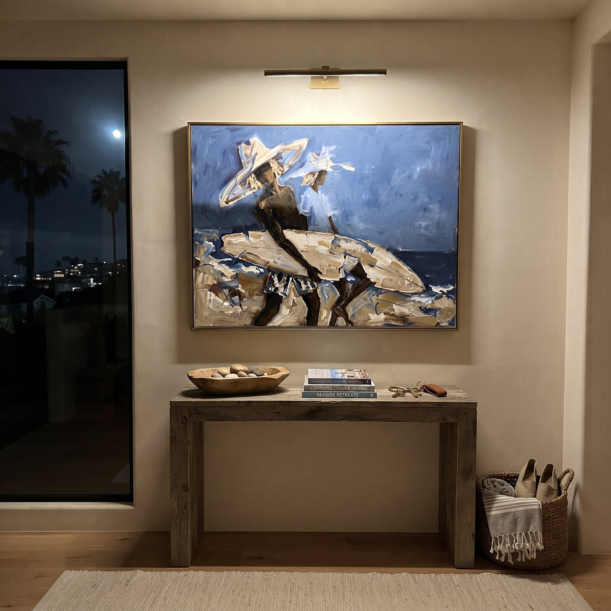 Blue Wave Surfboard Figures focuses on blue wave surfboard figures with white hats, surfboard forms, beach horizon, palm or checkered floor details. The composition is built from the exact pose, clothing shape, accessories, furniture, animal form, shoreline, palm shape, surfboard, or table arrangement visible in this artwork, so the image reads as a specific modern figurative painting rather than a generic decorative abstract. The blue; white; sand palette gives the piece its main atmosphere