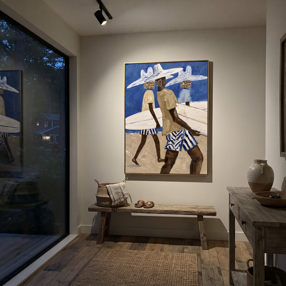 Palm Surfboard Checkered Walk focuses on palm surfboard checkered walk with white hats, surfboard forms, beach horizon, palm or checkered floor details. The composition is built from the exact pose, clothing shape, accessories, furniture, animal form, shoreline, palm shape, surfboard, or table arrangement visible in this artwork, so the image reads as a specific modern figurative painting rather than a generic decorative abstract. The blue; white; sand palette gives the piece its main
