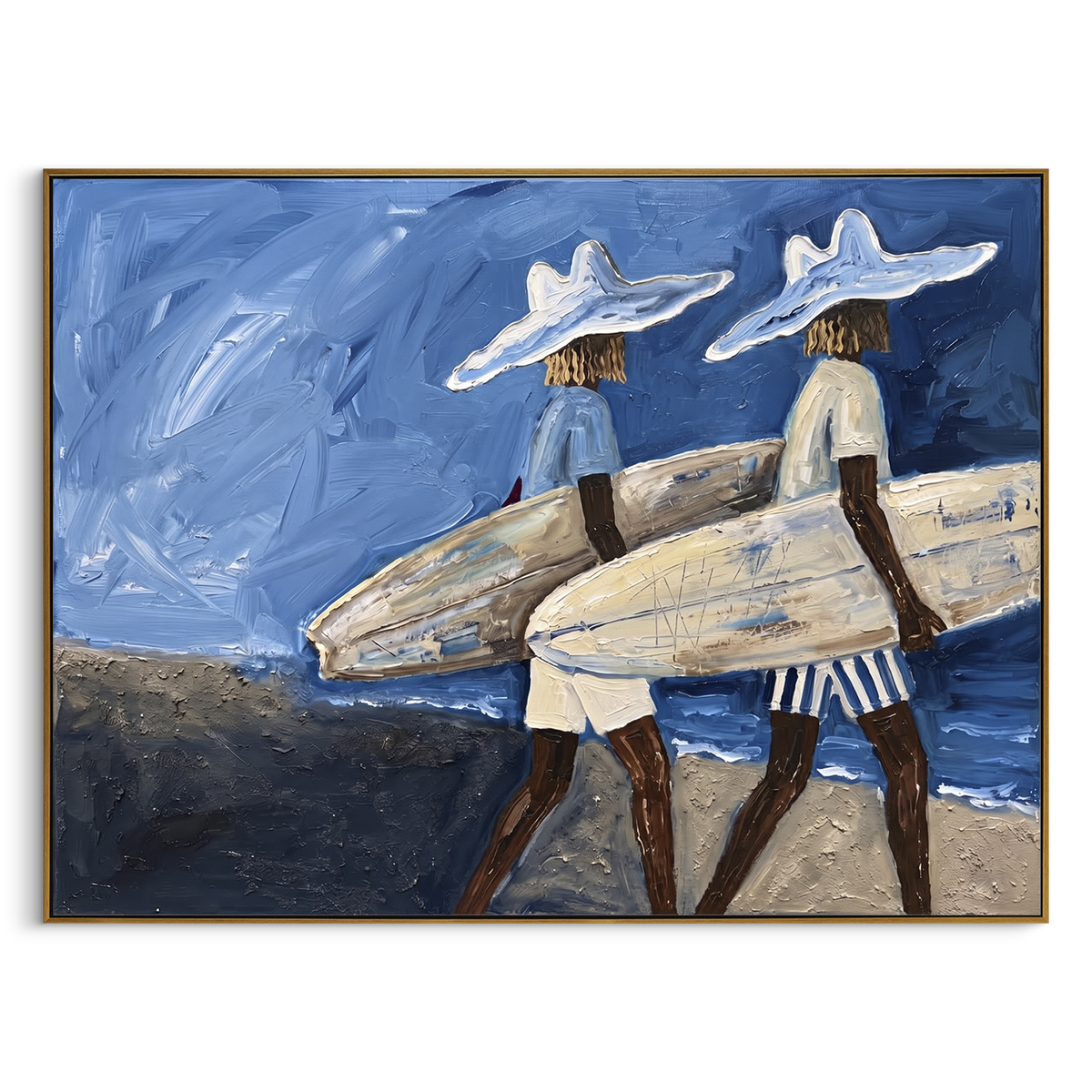 Palm Wall Surfboard Figure focuses on palm wall surfboard figure with white hats, surfboard forms, beach horizon, palm or checkered floor details. The composition is built from the exact pose, clothing shape, accessories, furniture, animal form, shoreline, palm shape, surfboard, or table arrangement visible in this artwork, so the image reads as a specific modern figurative painting rather than a generic decorative abstract. The blue; white; sand palette gives the piece its main atmosphere