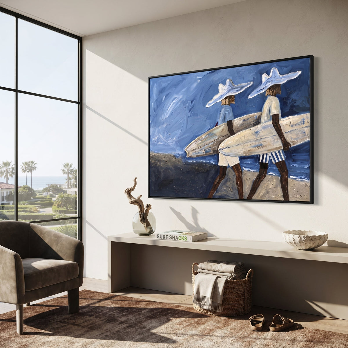 Palm Wall Surfboard Figure focuses on palm wall surfboard figure with white hats, surfboard forms, beach horizon, palm or checkered floor details. The composition is built from the exact pose, clothing shape, accessories, furniture, animal form, shoreline, palm shape, surfboard, or table arrangement visible in this artwork, so the image reads as a specific modern figurative painting rather than a generic decorative abstract. The blue; white; sand palette gives the piece its main atmosphere