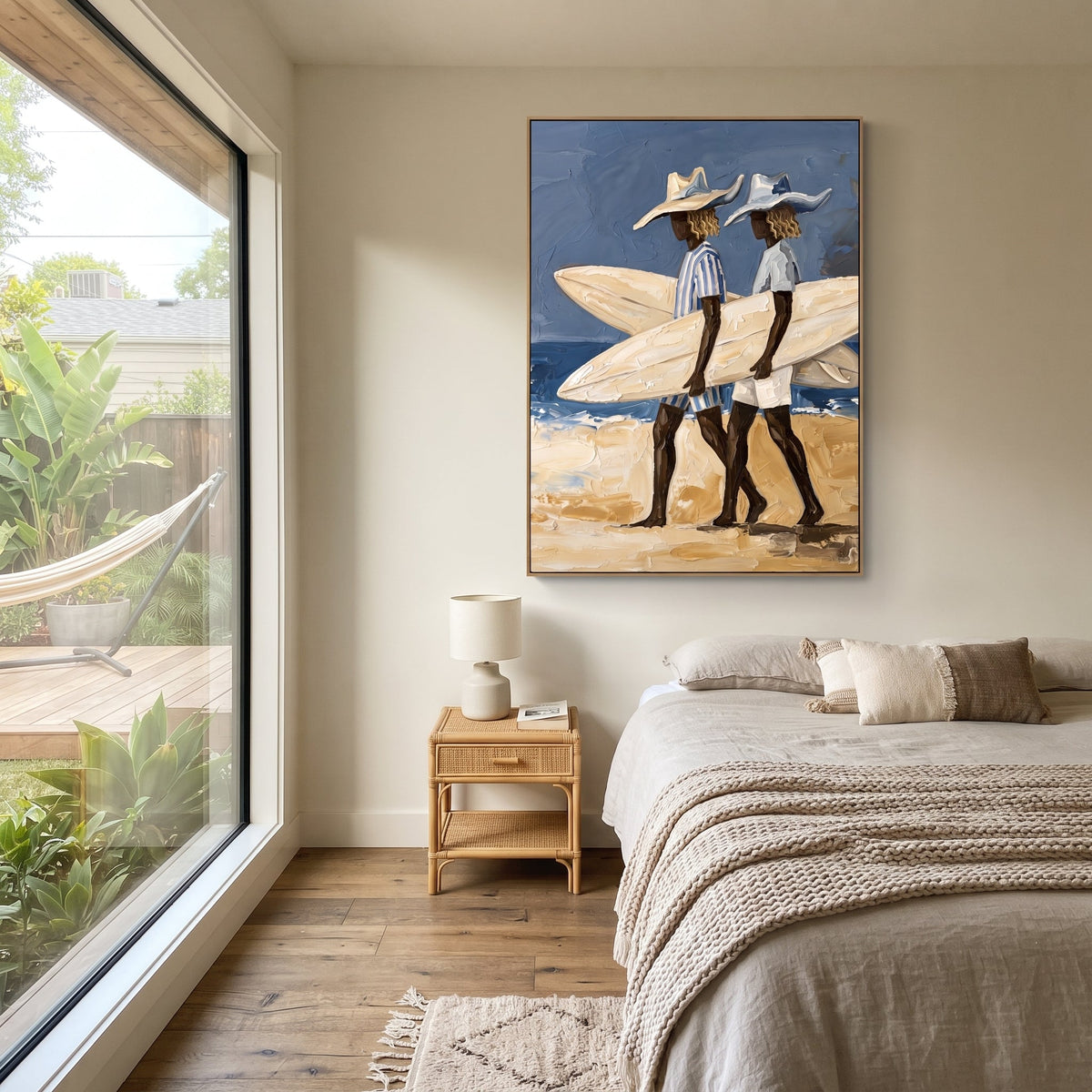 Indoor Checkered Surfboard Walk focuses on indoor checkered surfboard walk with white hats, surfboard forms, beach horizon, palm or checkered floor details. The composition is built from the exact pose, clothing shape, accessories, furniture, animal form, shoreline, palm shape, surfboard, or table arrangement visible in this artwork, so the image reads as a specific modern figurative painting rather than a generic decorative abstract. The blue; white; sand palette gives the piece its main