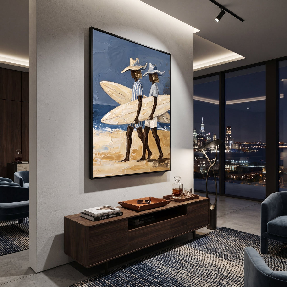 Indoor Checkered Surfboard Walk focuses on indoor checkered surfboard walk with white hats, surfboard forms, beach horizon, palm or checkered floor details. The composition is built from the exact pose, clothing shape, accessories, furniture, animal form, shoreline, palm shape, surfboard, or table arrangement visible in this artwork, so the image reads as a specific modern figurative painting rather than a generic decorative abstract. The blue; white; sand palette gives the piece its main
