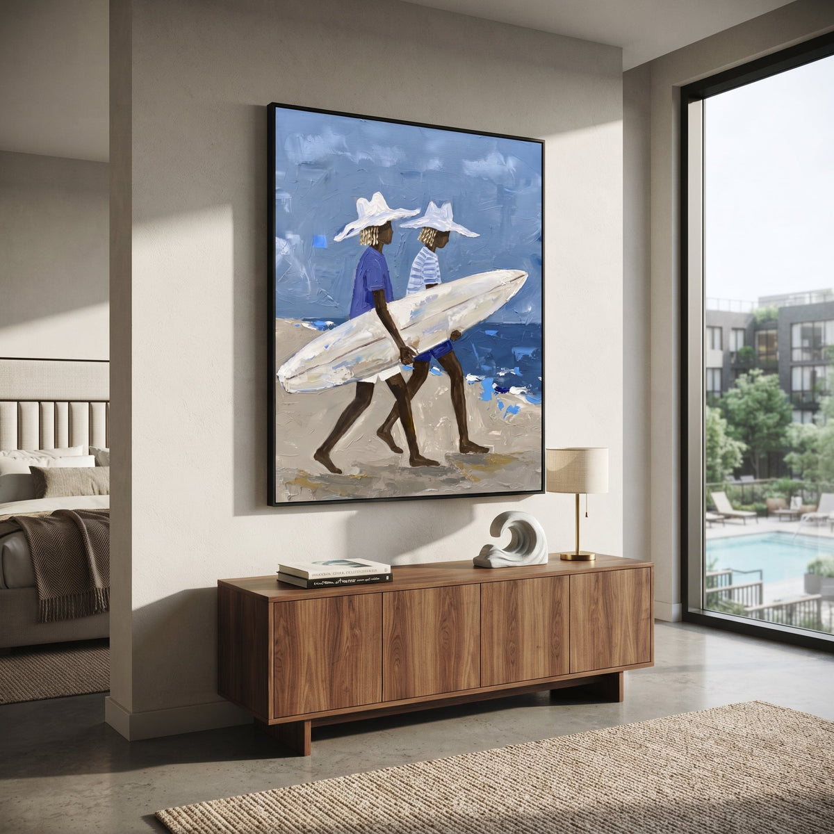 Checkered Board Hat Portrait focuses on checkered board hat portrait with white hats, surfboard forms, beach horizon, palm or checkered floor details. The composition is built from the exact pose, clothing shape, accessories, furniture, animal form, shoreline, palm shape, surfboard, or table arrangement visible in this artwork, so the image reads as a specific modern figurative painting rather than a generic decorative abstract. The blue; white; sand palette gives the piece its main atmosphere
