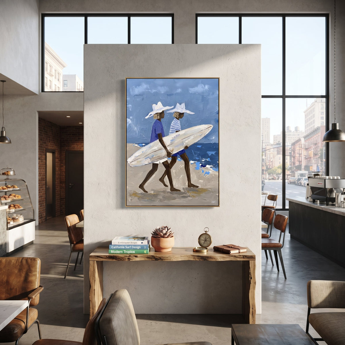 Checkered Board Hat Portrait focuses on checkered board hat portrait with white hats, surfboard forms, beach horizon, palm or checkered floor details. The composition is built from the exact pose, clothing shape, accessories, furniture, animal form, shoreline, palm shape, surfboard, or table arrangement visible in this artwork, so the image reads as a specific modern figurative painting rather than a generic decorative abstract. The blue; white; sand palette gives the piece its main atmosphere