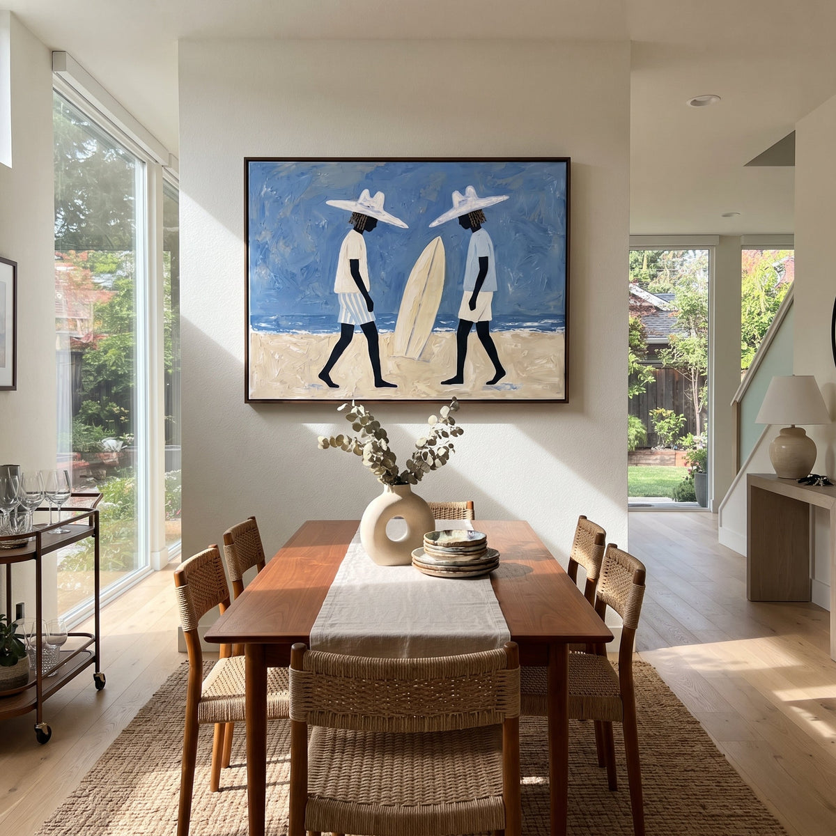 Palm Shade Surfboard Figure focuses on palm shade surfboard figure with white hats, surfboard forms, beach horizon, palm or checkered floor details. The composition is built from the exact pose, clothing shape, accessories, furniture, animal form, shoreline, palm shape, surfboard, or table arrangement visible in this artwork, so the image reads as a specific modern figurative painting rather than a generic decorative abstract. The blue; white; sand palette gives the piece its main atmosphere
