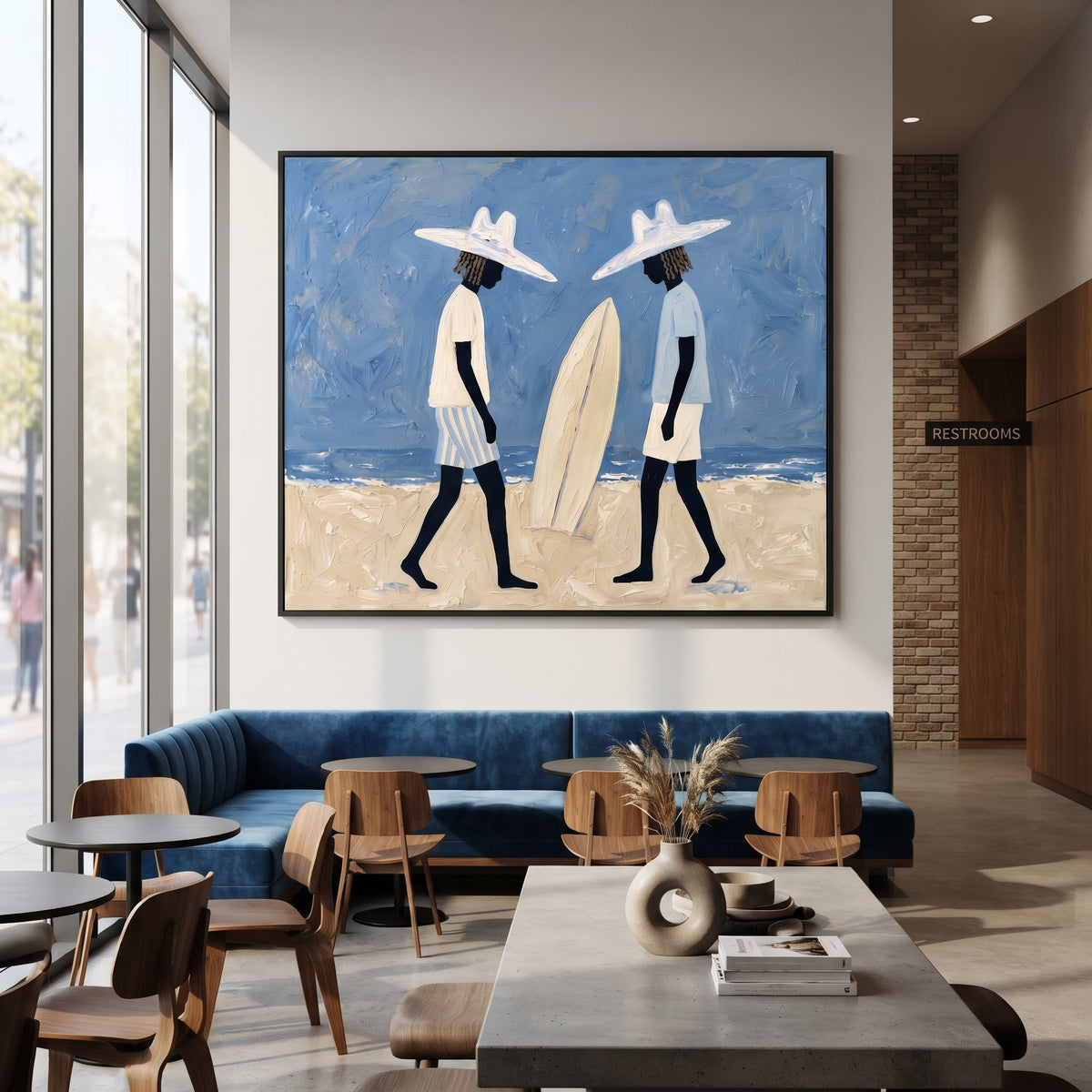 Palm Shade Surfboard Figure focuses on palm shade surfboard figure with white hats, surfboard forms, beach horizon, palm or checkered floor details. The composition is built from the exact pose, clothing shape, accessories, furniture, animal form, shoreline, palm shape, surfboard, or table arrangement visible in this artwork, so the image reads as a specific modern figurative painting rather than a generic decorative abstract. The blue; white; sand palette gives the piece its main atmosphere