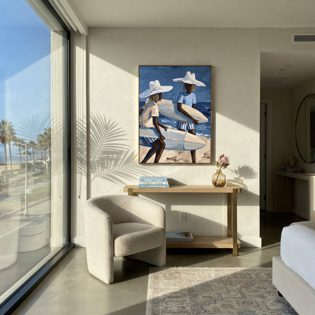 Sunset Palm Surfboard Walk focuses on sunset palm surfboard walk with white hats, surfboard forms, beach horizon, palm or checkered floor details. The composition is built from the exact pose, clothing shape, accessories, furniture, animal form, shoreline, palm shape, surfboard, or table arrangement visible in this artwork, so the image reads as a specific modern figurative painting rather than a generic decorative abstract. The blue; white; sand palette gives the piece its main atmosphere