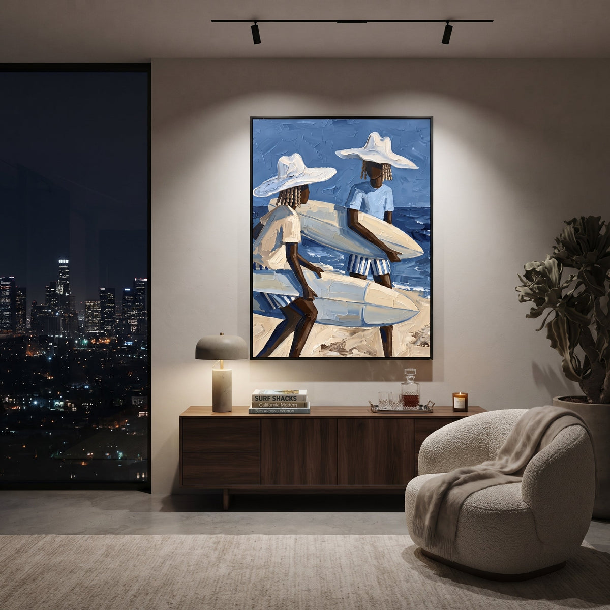 Sunset Palm Surfboard Walk focuses on sunset palm surfboard walk with white hats, surfboard forms, beach horizon, palm or checkered floor details. The composition is built from the exact pose, clothing shape, accessories, furniture, animal form, shoreline, palm shape, surfboard, or table arrangement visible in this artwork, so the image reads as a specific modern figurative painting rather than a generic decorative abstract. The blue; white; sand palette gives the piece its main atmosphere