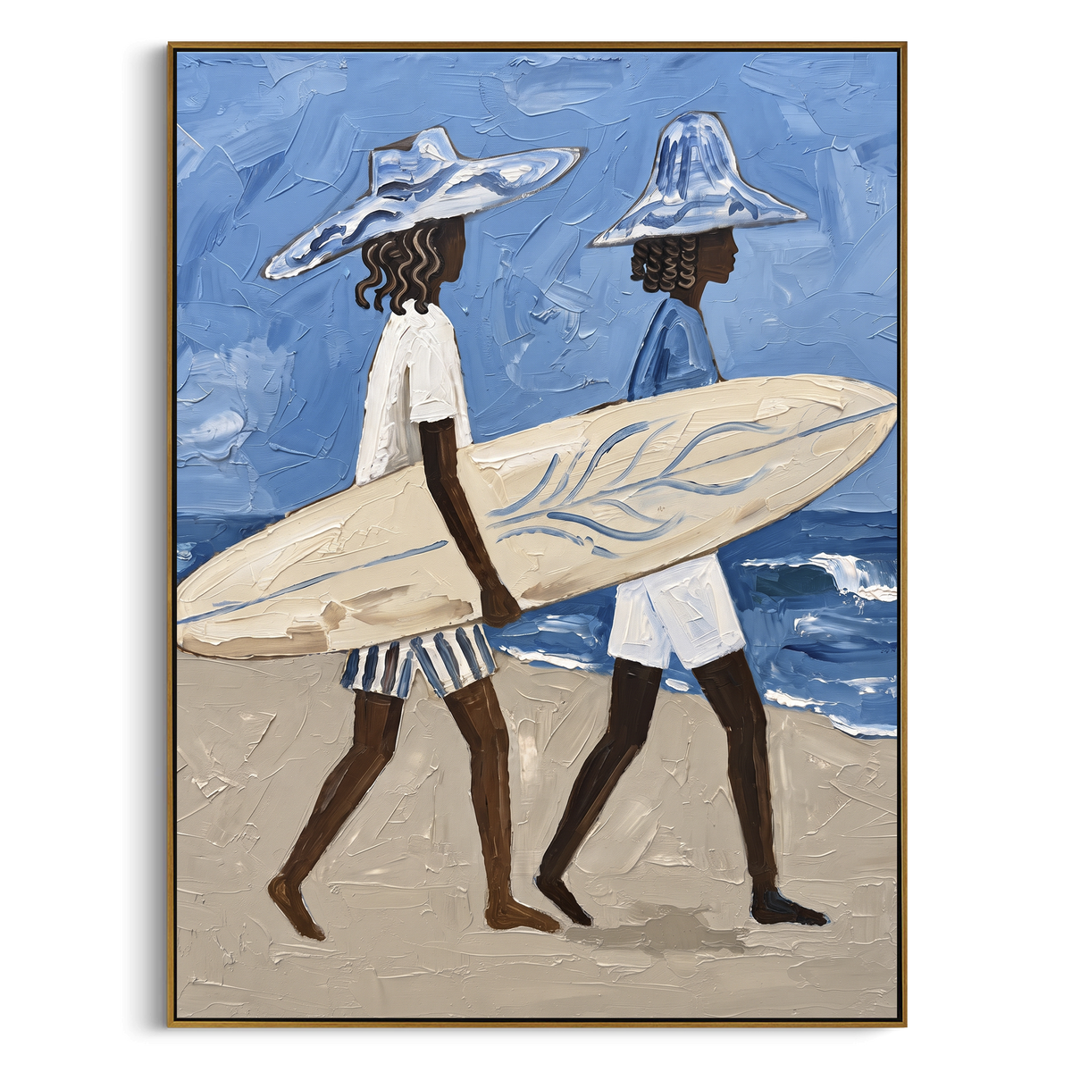 Upright Board Palm Lean focuses on vertical board palm lean with white hats, surfboard forms, beach horizon, palm or checkered floor details. The composition is built from the exact pose, clothing shape, accessories, furniture, animal form, shoreline, palm shape, surfboard, or table arrangement visible in this artwork, so the image reads as a specific modern figurative painting rather than a generic decorative abstract. The blue; white; sand palette gives the piece its main atmosphere, while