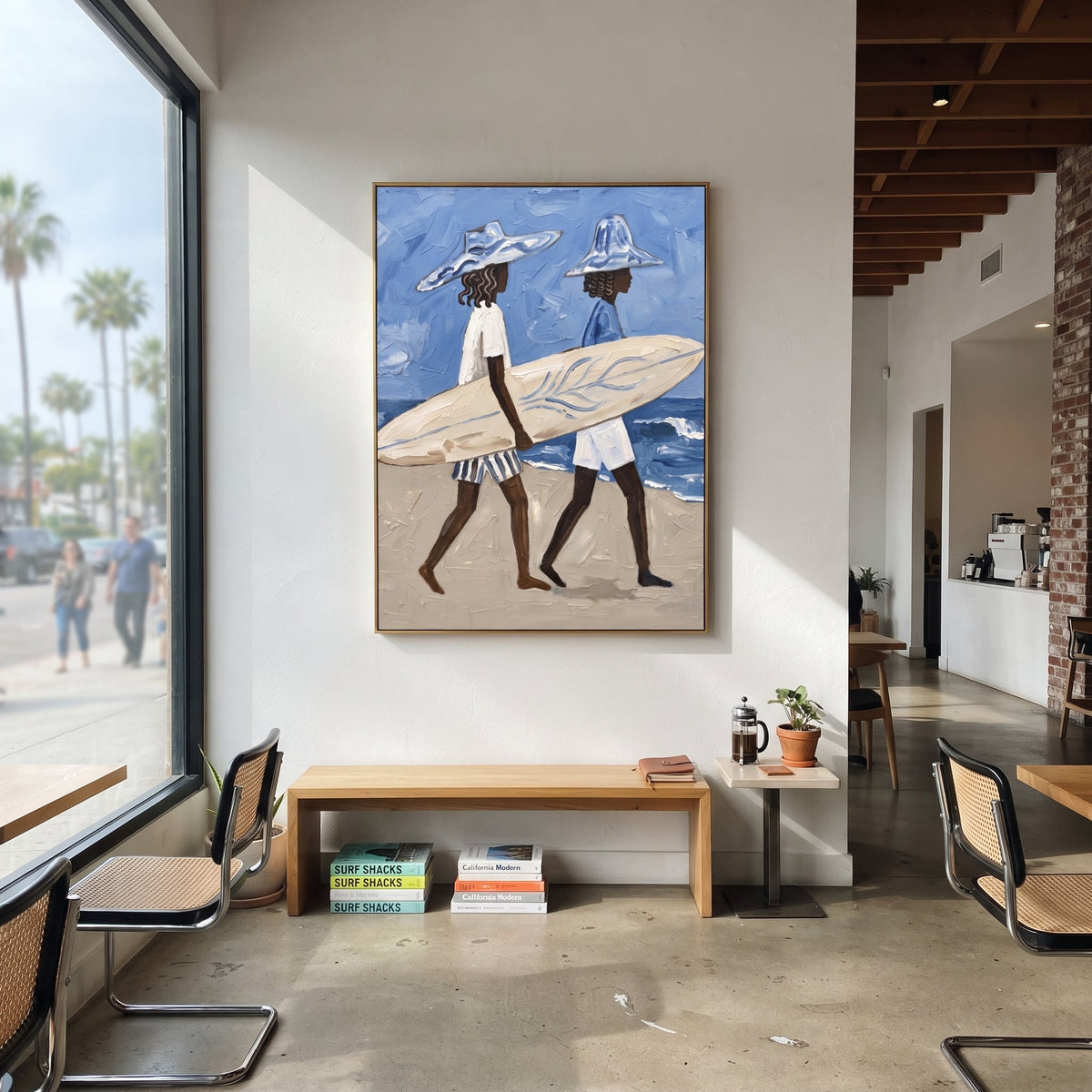 Upright Board Palm Lean focuses on vertical board palm lean with white hats, surfboard forms, beach horizon, palm or checkered floor details. The composition is built from the exact pose, clothing shape, accessories, furniture, animal form, shoreline, palm shape, surfboard, or table arrangement visible in this artwork, so the image reads as a specific modern figurative painting rather than a generic decorative abstract. The blue; white; sand palette gives the piece its main atmosphere, while