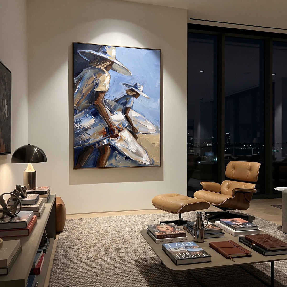 Small Surfer Palm Corner focuses on small surfer palm corner with white hats, surfboard forms, beach horizon, palm or checkered floor details. The composition is built from the exact pose, clothing shape, accessories, furniture, animal form, shoreline, palm shape, surfboard, or table arrangement visible in this artwork, so the image reads as a specific modern figurative painting rather than a generic decorative abstract. The blue; white; sand palette gives the piece its main atmosphere, while