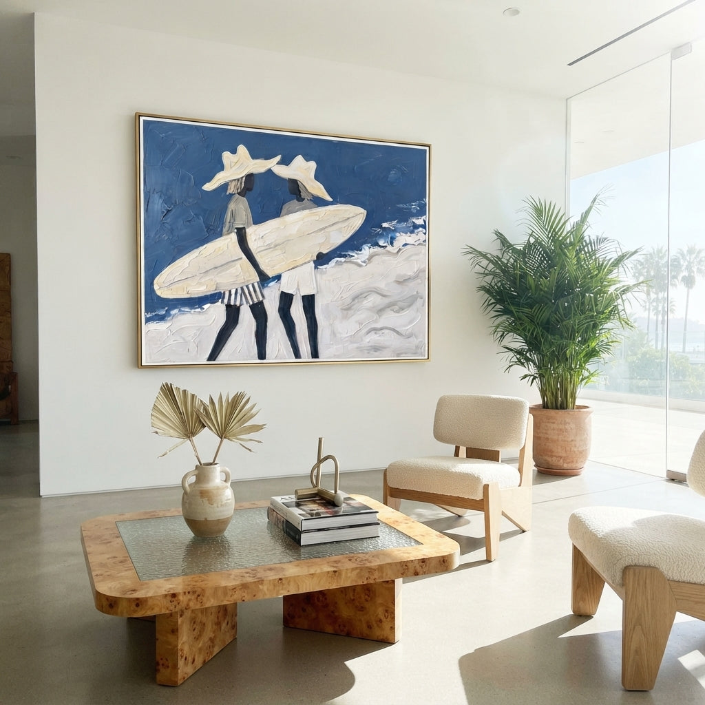 Board And Palm Wall Walk focuses on board and palm wall walk with white hats, surfboard forms, beach horizon, palm or checkered floor details. The composition is built from the exact pose, clothing shape, accessories, furniture, animal form, shoreline, palm shape, surfboard, or table arrangement visible in this artwork, so the image reads as a specific modern figurative painting rather than a generic decorative abstract. The blue; white; sand palette gives the piece its main atmosphere, while