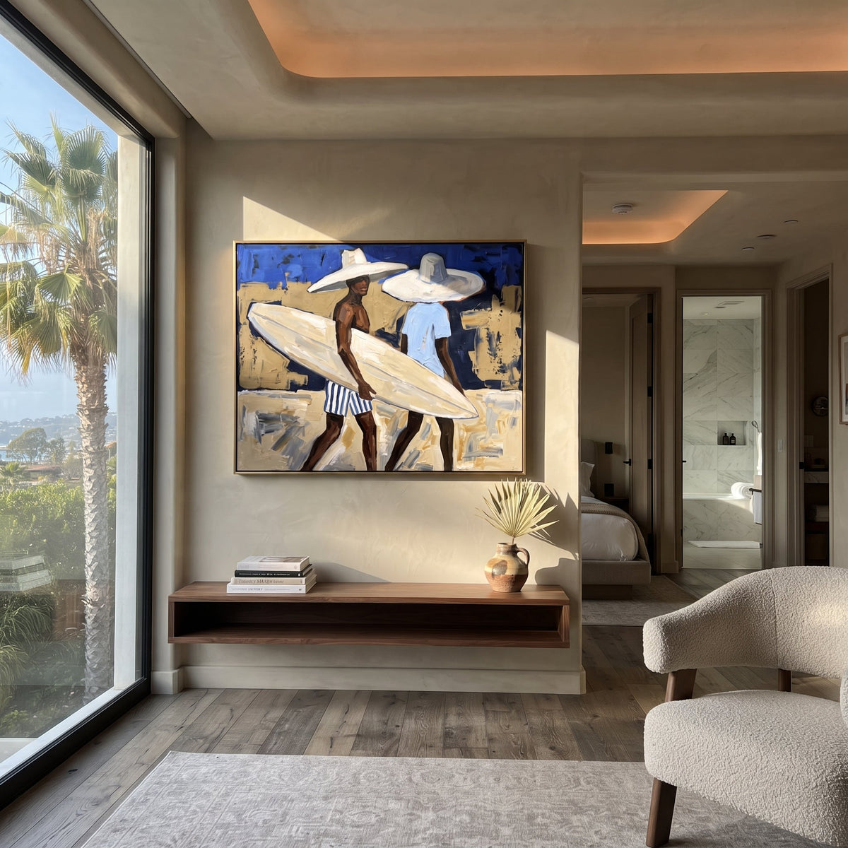 Palm Trunk Surfboard Pause focuses on palm trunk surfboard pause with white hats, surfboard forms, beach horizon, palm or checkered floor details. The composition is built from the exact pose, clothing shape, accessories, furniture, animal form, shoreline, palm shape, surfboard, or table arrangement visible in this artwork, so the image reads as a specific modern figurative painting rather than a generic decorative abstract. The blue; white; sand palette gives the piece its main atmosphere