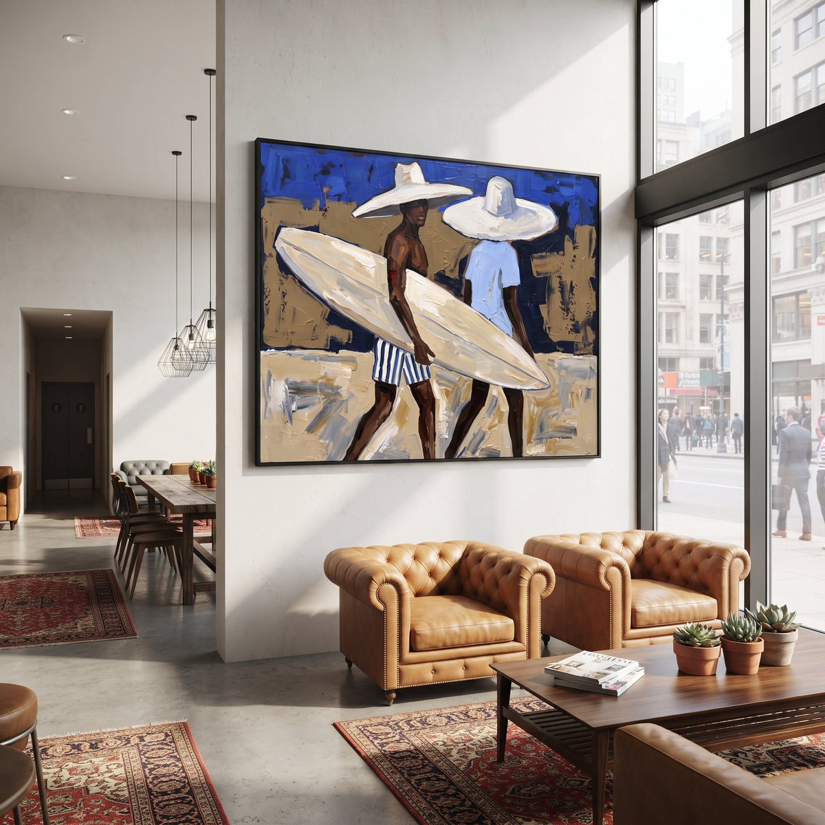 Palm Trunk Surfboard Pause focuses on palm trunk surfboard pause with white hats, surfboard forms, beach horizon, palm or checkered floor details. The composition is built from the exact pose, clothing shape, accessories, furniture, animal form, shoreline, palm shape, surfboard, or table arrangement visible in this artwork, so the image reads as a specific modern figurative painting rather than a generic decorative abstract. The blue; white; sand palette gives the piece its main atmosphere