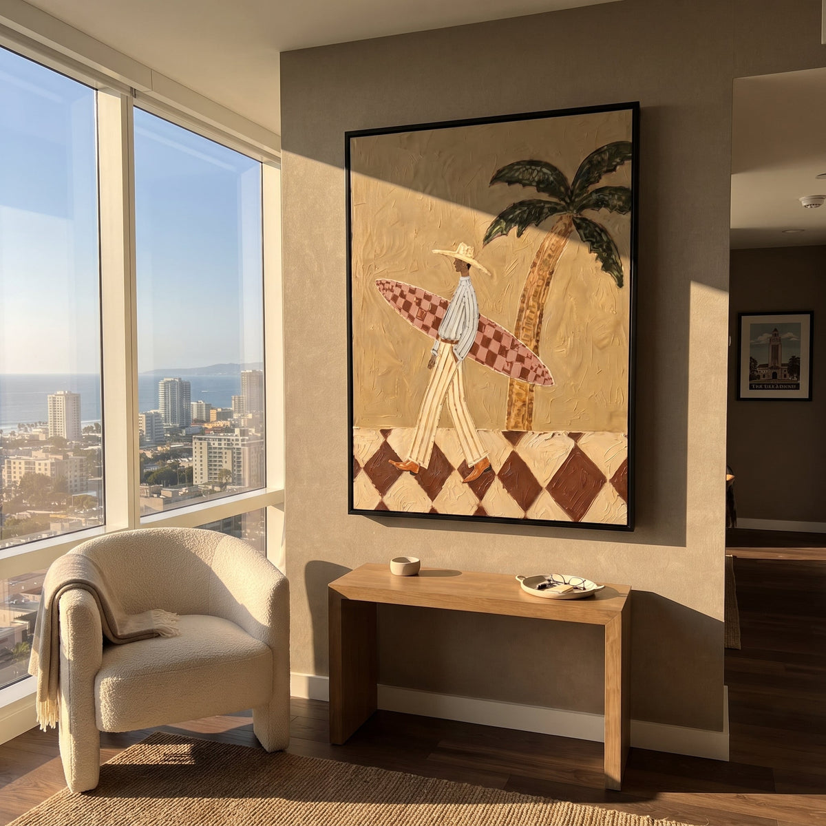 Long Checkered Board Walk focuses on long checkered board walk with white hats, surfboard forms, beach horizon, palm or checkered floor details. The composition is built from the exact pose, clothing shape, accessories, furniture, animal form, shoreline, palm shape, surfboard, or table arrangement visible in this artwork, so the image reads as a specific modern figurative painting rather than a generic decorative abstract. The blue; white; sand palette gives the piece its main atmosphere, while