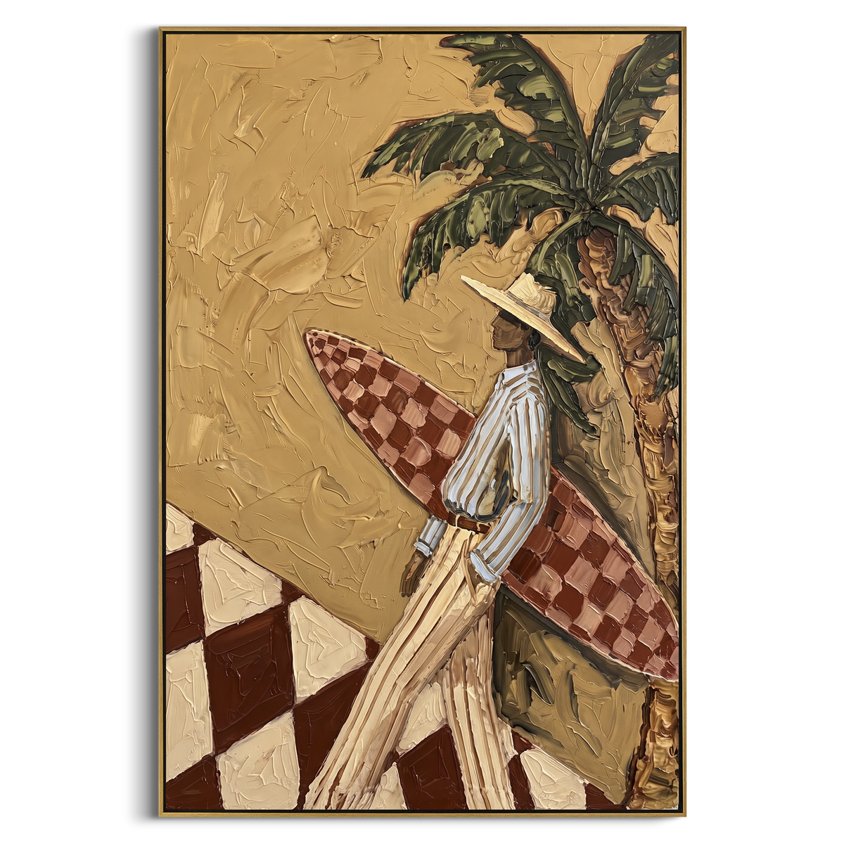 Tall Card Table Cowgirls focuses on tall card table cowgirls with two western figures, wide hats, black table or bar surface, martini glasses, floating playing cards, and dark olive saloon ground. The composition is built from the exact pose, clothing shape, accessories, furniture, animal form, shoreline, palm shape, surfboard, or table arrangement visible in this artwork, so the image reads as a specific modern figurative painting rather than a generic decorative abstract. The green; pink