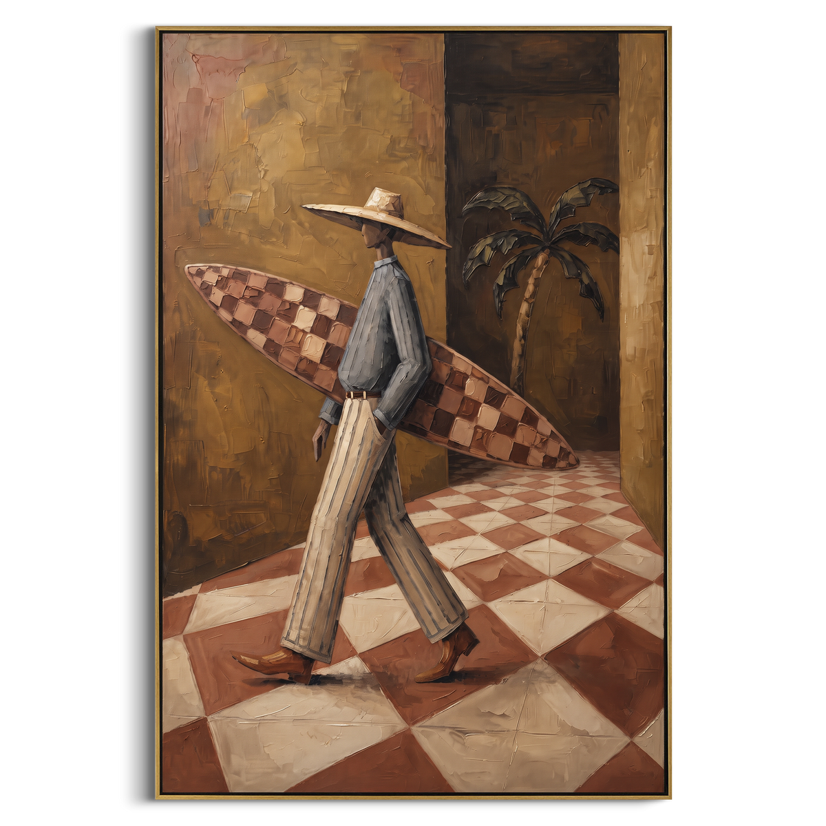 Orange Glow Poker Pair focuses on orange glow poker pair with two western figures, wide hats, black table or bar surface, martini glasses, floating playing cards, and dark olive saloon ground. The composition is built from the exact pose, clothing shape, accessories, furniture, animal form, shoreline, palm shape, surfboard, or table arrangement visible in this artwork, so the image reads as a specific modern figurative painting rather than a generic decorative abstract. The green; pink; black