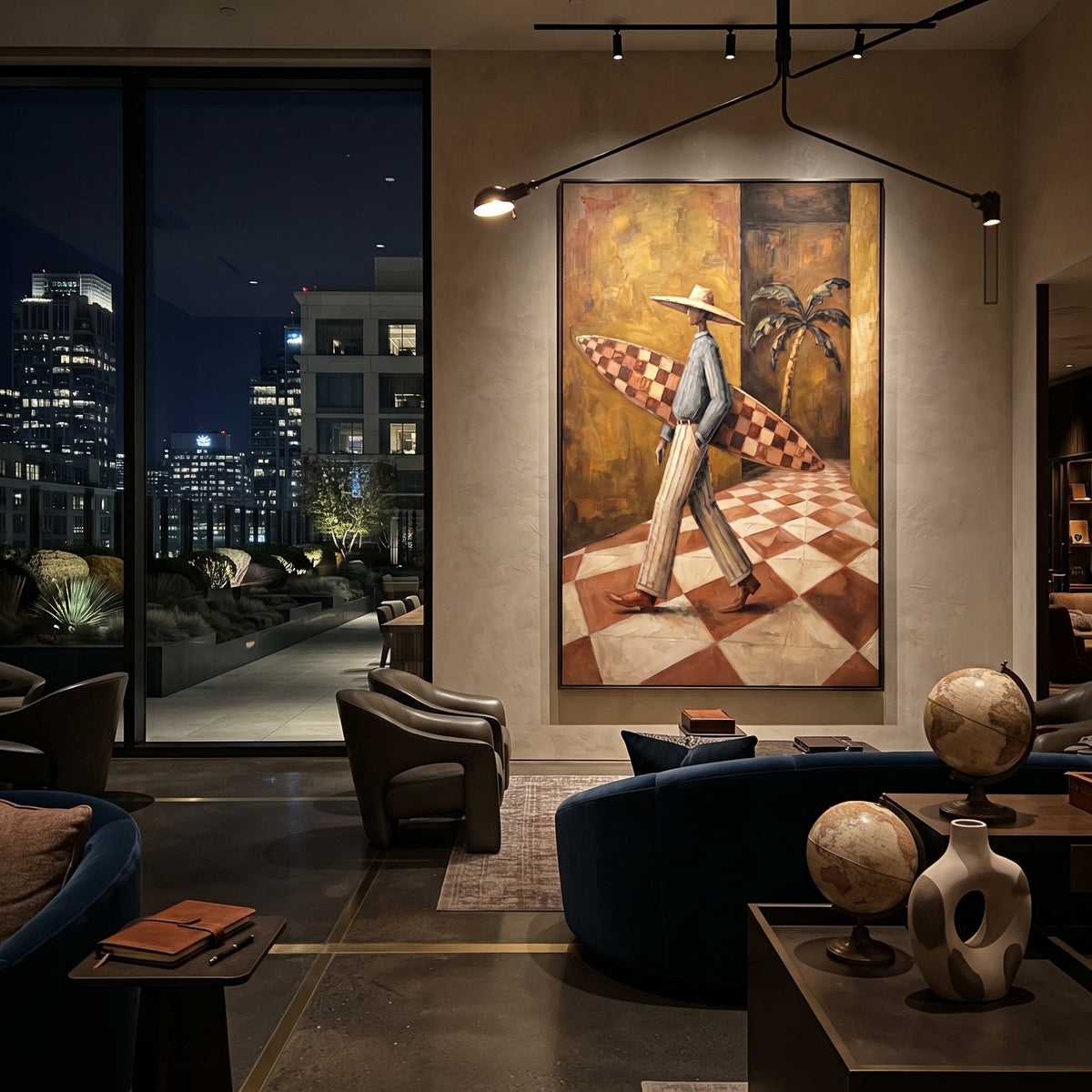 Orange Glow Poker Pair focuses on orange glow poker pair with two western figures, wide hats, black table or bar surface, martini glasses, floating playing cards, and dark olive saloon ground. The composition is built from the exact pose, clothing shape, accessories, furniture, animal form, shoreline, palm shape, surfboard, or table arrangement visible in this artwork, so the image reads as a specific modern figurative painting rather than a generic decorative abstract. The green; pink; black