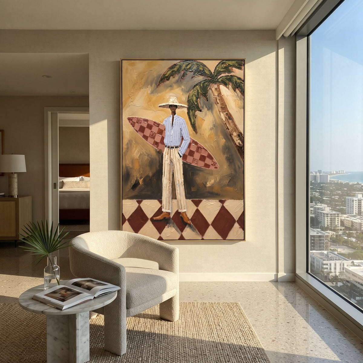 Bottle Table Cowgirl Game focuses on bottle table cowgirl game with two western figures, wide hats, black table or bar surface, martini glasses, floating playing cards, and dark olive saloon ground. The composition is built from the exact pose, clothing shape, accessories, furniture, animal form, shoreline, palm shape, surfboard, or table arrangement visible in this artwork, so the image reads as a specific modern figurative painting rather than a generic decorative abstract. The green; pink