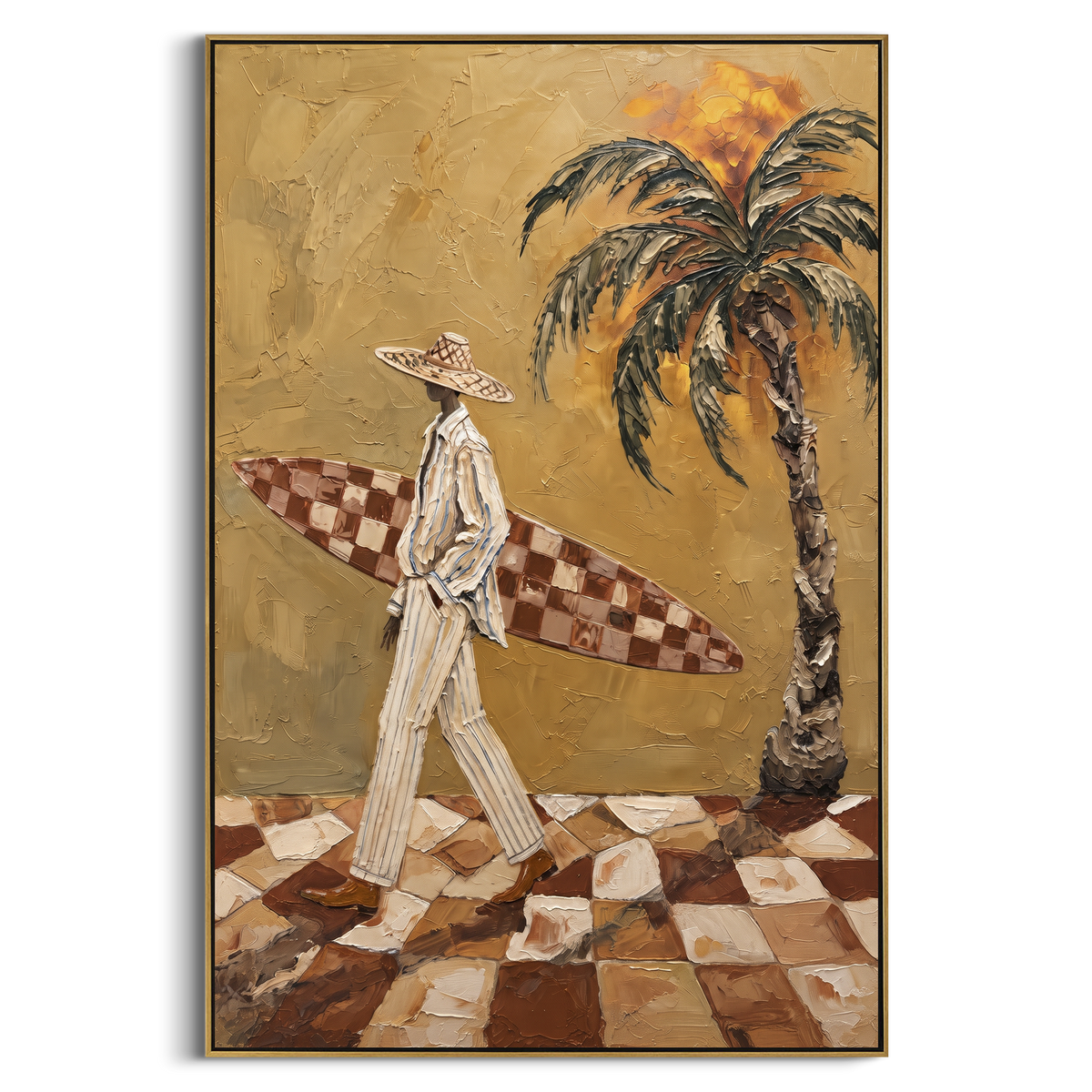Two Cowgirls Floating Cards focuses on two cowgirls floating cards with two western figures, wide hats, black table or bar surface, martini glasses, floating playing cards, and dark olive saloon ground. The composition is built from the exact pose, clothing shape, accessories, furniture, animal form, shoreline, palm shape, surfboard, or table arrangement visible in this artwork, so the image reads as a specific modern figurative painting rather than a generic decorative abstract. The green