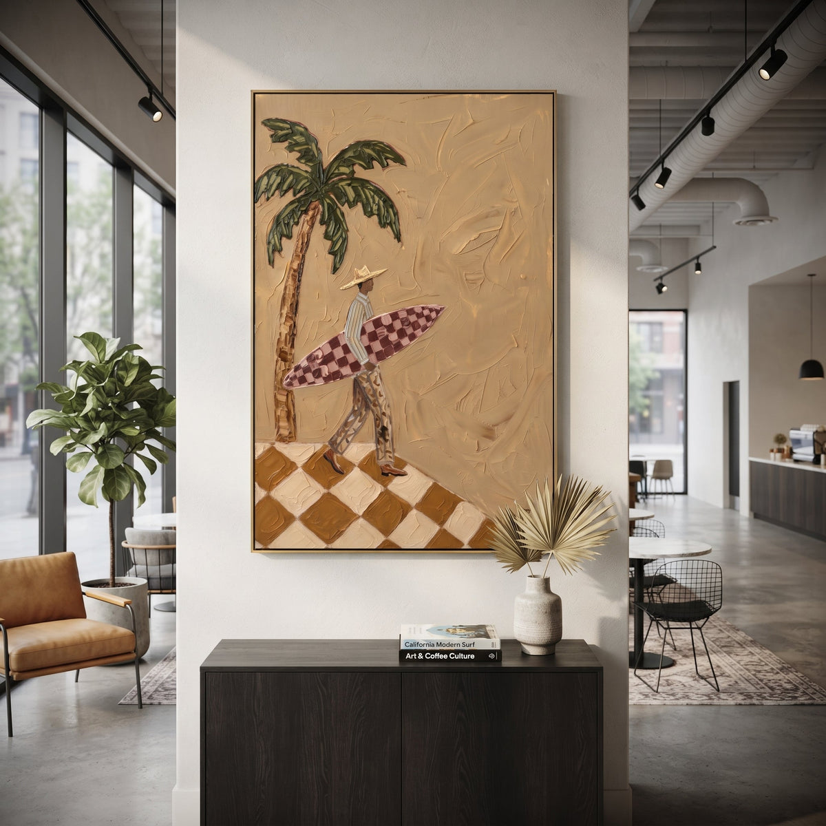 Leaning Pink Poker Players focuses on leaning pink poker players with two western figures, wide hats, black table or bar surface, martini glasses, floating playing cards, and dark olive saloon ground. The composition is built from the exact pose, clothing shape, accessories, furniture, animal form, shoreline, palm shape, surfboard, or table arrangement visible in this artwork, so the image reads as a specific modern figurative painting rather than a generic decorative abstract. The green; pink