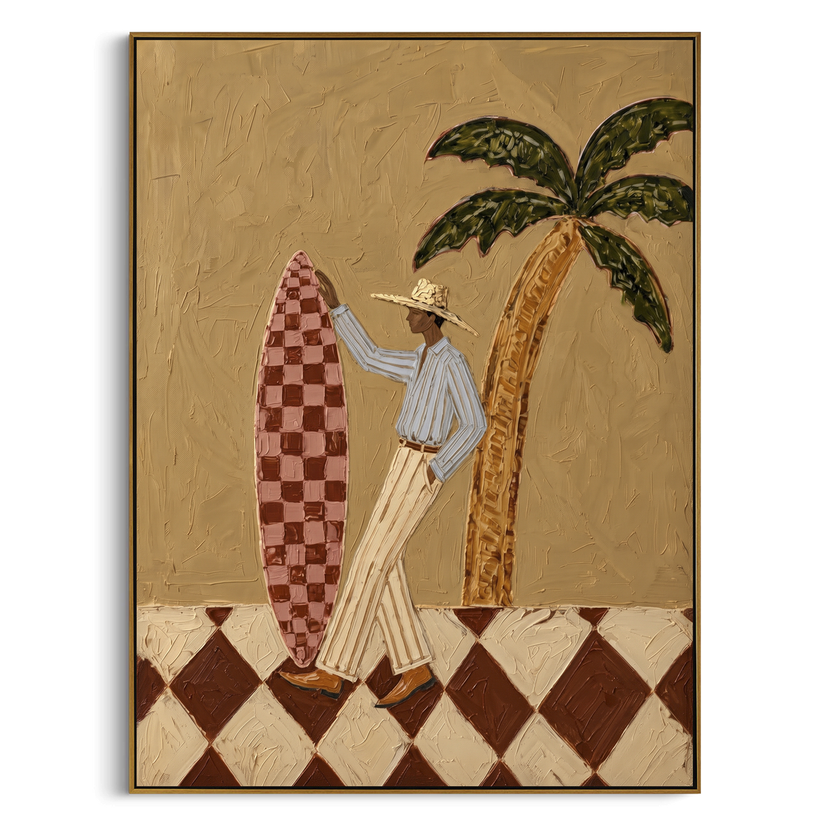 Raised Glass Card Toss focuses on raised glass card toss with two western figures, wide hats, black table or bar surface, martini glasses, floating playing cards, and dark olive saloon ground. The composition is built from the exact pose, clothing shape, accessories, furniture, animal form, shoreline, palm shape, surfboard, or table arrangement visible in this artwork, so the image reads as a specific modern figurative painting rather than a generic decorative abstract. The green; pink; black