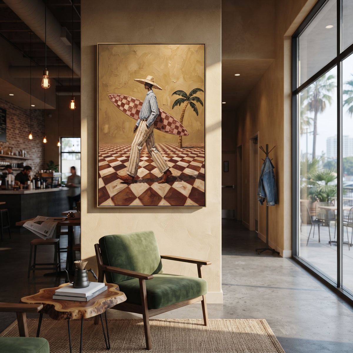 Cream Hat Card Toast focuses on cream hat card toast with two western figures, wide hats, black table or bar surface, martini glasses, floating playing cards, and dark olive saloon ground. The composition is built from the exact pose, clothing shape, accessories, furniture, animal form, shoreline, palm shape, surfboard, or table arrangement visible in this artwork, so the image reads as a specific modern figurative painting rather than a generic decorative abstract. The green; pink; black