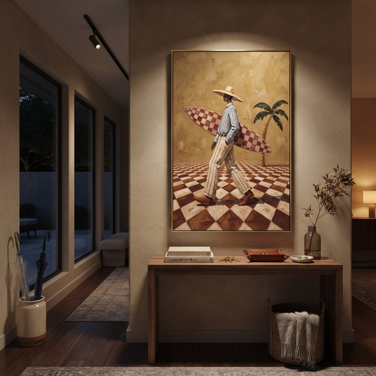 Cream Hat Card Toast focuses on cream hat card toast with two western figures, wide hats, black table or bar surface, martini glasses, floating playing cards, and dark olive saloon ground. The composition is built from the exact pose, clothing shape, accessories, furniture, animal form, shoreline, palm shape, surfboard, or table arrangement visible in this artwork, so the image reads as a specific modern figurative painting rather than a generic decorative abstract. The green; pink; black